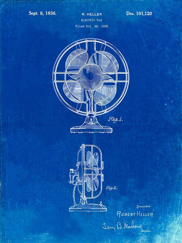 PP266-Faded Blueprint Table Fan Patent Poster Black Ornate Wood Framed Art Print with Double Matting by Borders, Cole