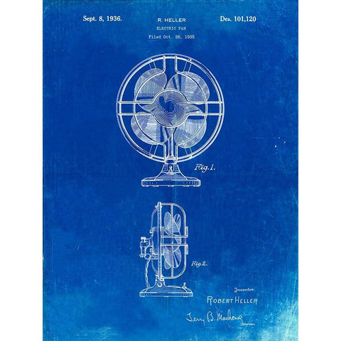 PP266-Faded Blueprint Table Fan Patent Poster Black Modern Wood Framed Art Print with Double Matting by Borders, Cole