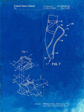 PP268-Faded Blueprint Ballet Shoe Patent Poster White Modern Wood Framed Art Print with Double Matting by Borders, Cole