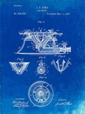 PP274-Faded Blueprint Gas Stove Range 1887 Patent Poster Black Ornate Wood Framed Art Print with Double Matting by Borders, Cole