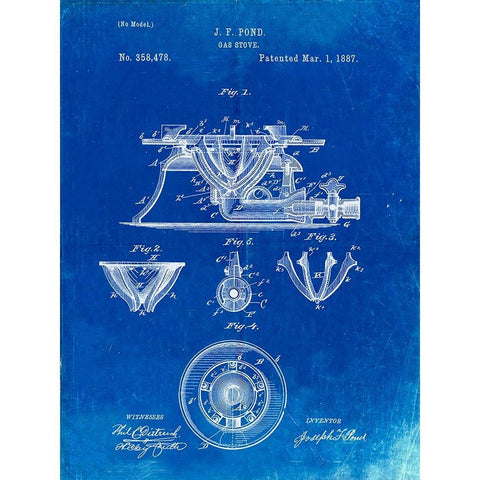 PP274-Faded Blueprint Gas Stove Range 1887 Patent Poster Black Modern Wood Framed Art Print with Double Matting by Borders, Cole