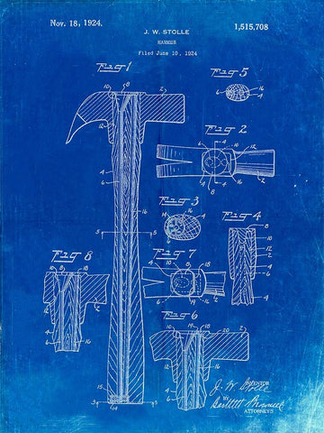 PP275-Faded Blueprint Claw Hammer Patent Poster Black Ornate Wood Framed Art Print with Double Matting by Borders, Cole