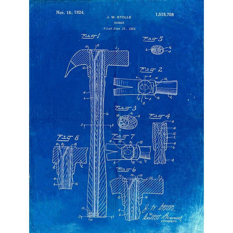 PP275-Faded Blueprint Claw Hammer Patent Poster Black Modern Wood Framed Art Print with Double Matting by Borders, Cole