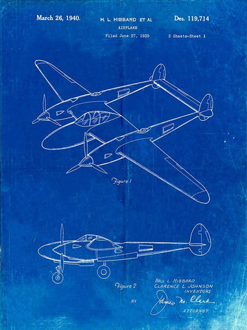 PP277-Faded Blueprint Lockheed P-38 Lightning Patent Poster White Modern Wood Framed Art Print with Double Matting by Borders, Cole