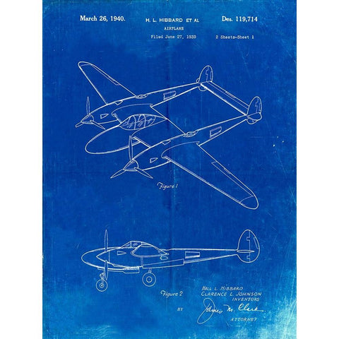 PP277-Faded Blueprint Lockheed P-38 Lightning Patent Poster Gold Ornate Wood Framed Art Print with Double Matting by Borders, Cole