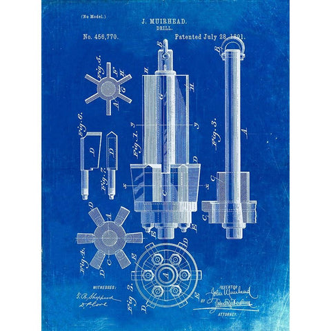 PP280-Faded Blueprint Mining Drill Tool 1891 Patent Poster White Modern Wood Framed Art Print by Borders, Cole