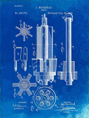 PP280-Faded Blueprint Mining Drill Tool 1891 Patent Poster Black Ornate Wood Framed Art Print with Double Matting by Borders, Cole