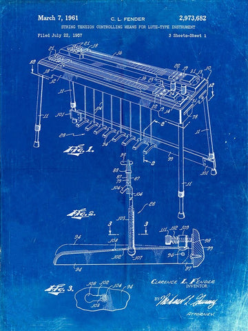 PP281-Faded Blueprint Fender Pedal Steel Guitar Patent Poster White Modern Wood Framed Art Print with Double Matting by Borders, Cole