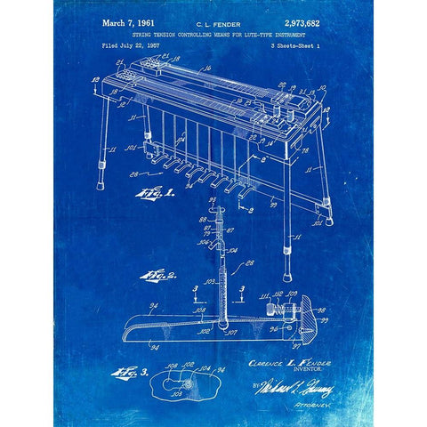 PP281-Faded Blueprint Fender Pedal Steel Guitar Patent Poster Black Modern Wood Framed Art Print with Double Matting by Borders, Cole