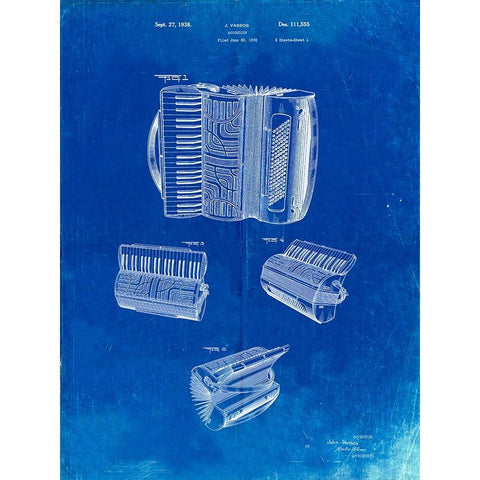 PP283-Faded Blueprint Accordion Patent Poster White Modern Wood Framed Art Print by Borders, Cole