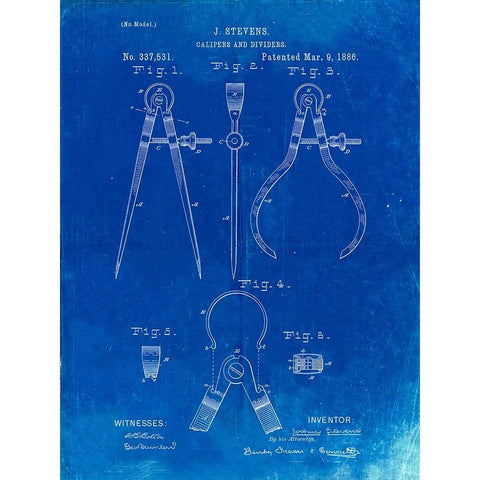 PP285-Faded Blueprint Calipers and Dividers Patent Poster White Modern Wood Framed Art Print by Borders, Cole