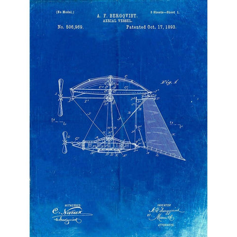 PP287-Faded Blueprint Aerial Vessel Side View Patent Poster Black Modern Wood Framed Art Print with Double Matting by Borders, Cole