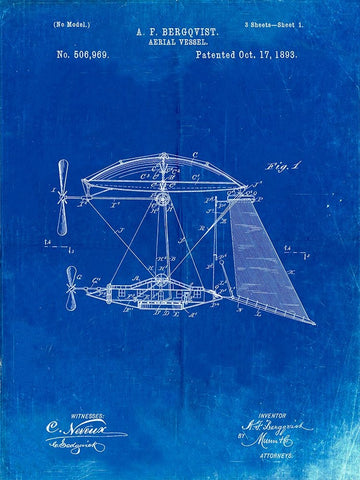 PP287-Faded Blueprint Aerial Vessel Side View Patent Poster Black Ornate Wood Framed Art Print with Double Matting by Borders, Cole