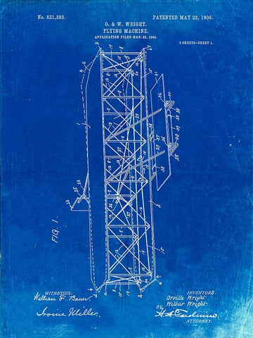 PP288-Faded Blueprint Wright Brothers Flying Machine Patent Poster White Modern Wood Framed Art Print with Double Matting by Borders, Cole