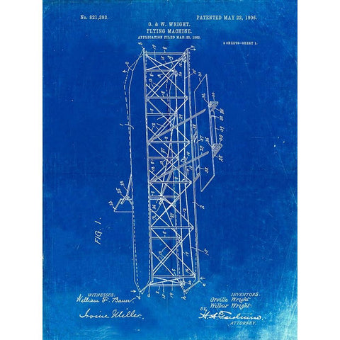 PP288-Faded Blueprint Wright Brothers Flying Machine Patent Poster White Modern Wood Framed Art Print by Borders, Cole