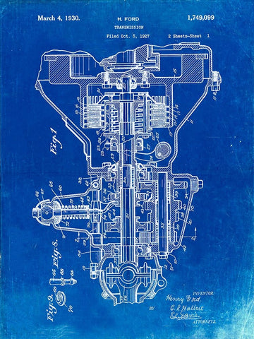 PP289-Faded Blueprint Henry Ford Transmission Patent Poster White Modern Wood Framed Art Print with Double Matting by Borders, Cole