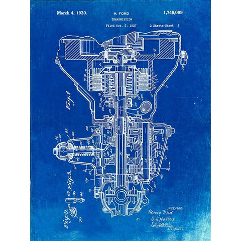 PP289-Faded Blueprint Henry Ford Transmission Patent Poster Black Modern Wood Framed Art Print with Double Matting by Borders, Cole