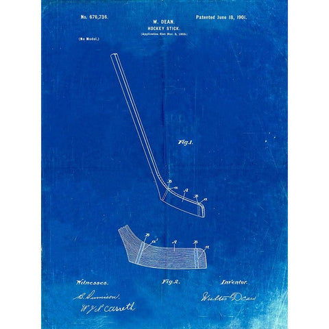 PP291-Faded Blueprint Hockey Stick Patent Poster Gold Ornate Wood Framed Art Print with Double Matting by Borders, Cole