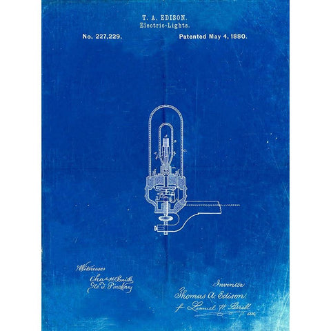 PP296-Faded Blueprint Edison Light Bulb Poster Gold Ornate Wood Framed Art Print with Double Matting by Borders, Cole