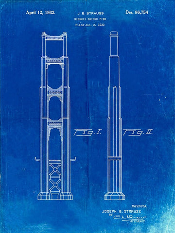 PP321-Faded Blueprint Golden Gate Bridge Main Tower Patent Poster White Modern Wood Framed Art Print with Double Matting by Borders, Cole