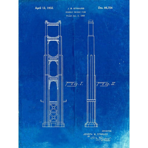 PP321-Faded Blueprint Golden Gate Bridge Main Tower Patent Poster White Modern Wood Framed Art Print by Borders, Cole