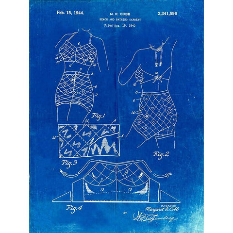 PP325-Faded Blueprint Bathing Suit 1940 Poster White Modern Wood Framed Art Print by Borders, Cole