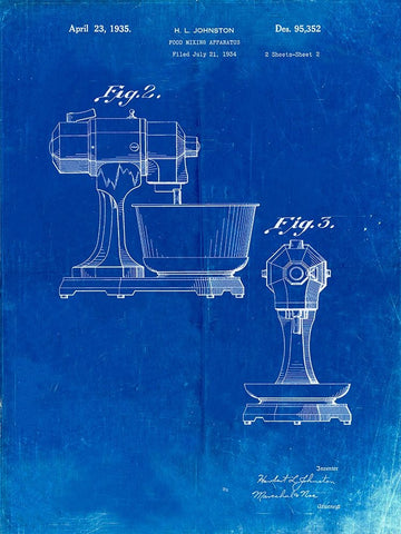 PP337-Faded Blueprint KitchenAid Mixer Patent Poster White Modern Wood Framed Art Print with Double Matting by Borders, Cole