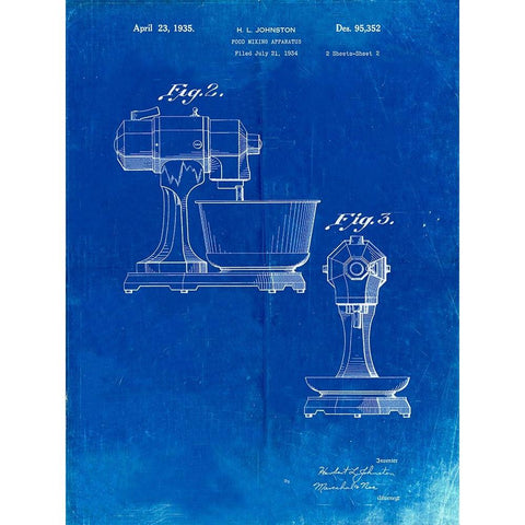 PP337-Faded Blueprint KitchenAid Mixer Patent Poster White Modern Wood Framed Art Print by Borders, Cole