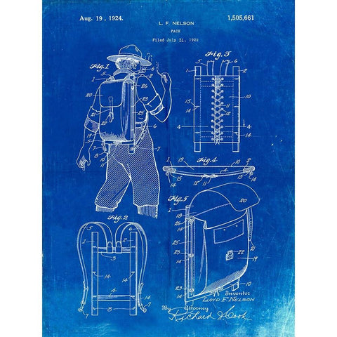 PP342-Faded Blueprint Trapper Nelson Backpack 1924 Patent Poster White Modern Wood Framed Art Print by Borders, Cole