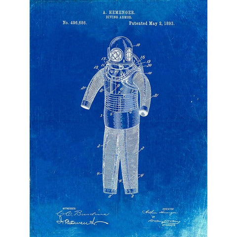 PP343-Faded Blueprint Hemenger Diving Armor Poster White Modern Wood Framed Art Print by Borders, Cole