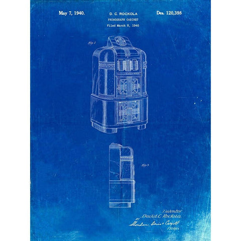 PP347-Faded Blueprint Jukebox Patent Poster White Modern Wood Framed Art Print by Borders, Cole