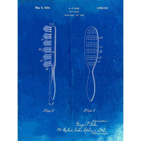 PP352-Faded Blueprint Wooden Hair Brush 1933 Patent Poster White Modern Wood Framed Art Print by Borders, Cole