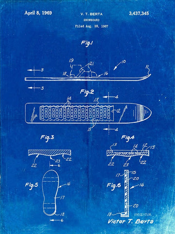 PP358-Faded Blueprint Berta Magnetic Boot Snowboard Patent Poster White Modern Wood Framed Art Print with Double Matting by Borders, Cole