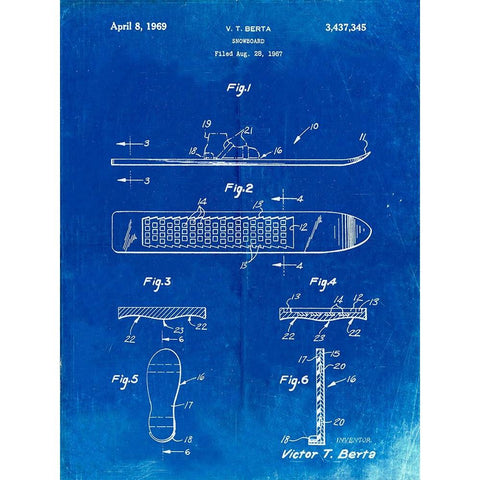 PP358-Faded Blueprint Berta Magnetic Boot Snowboard Patent Poster Gold Ornate Wood Framed Art Print with Double Matting by Borders, Cole