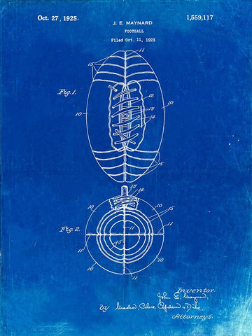 PP379-Faded Blueprint Football Game Ball 1925 Patent Poster Black Ornate Wood Framed Art Print with Double Matting by Borders, Cole