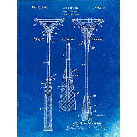PP382-Faded Blueprint Badminton Racket 1937 Patent Poster Black Modern Wood Framed Art Print with Double Matting by Borders, Cole