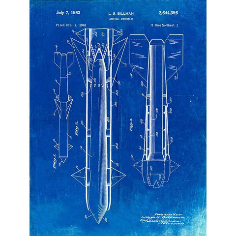 PP384-Faded Blueprint Aerial Missile Patent Poster White Modern Wood Framed Art Print by Borders, Cole