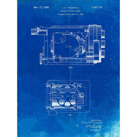 PP390-Faded Blueprint Motion Picture Camera 1932 Patent Poster White Modern Wood Framed Art Print by Borders, Cole