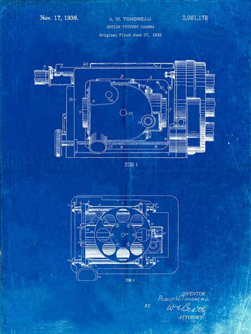 PP390-Faded Blueprint Motion Picture Camera 1932 Patent Poster Black Ornate Wood Framed Art Print with Double Matting by Borders, Cole