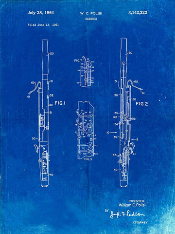 PP392-Faded Blueprint Bassoon Patent Poster Black Ornate Wood Framed Art Print with Double Matting by Borders, Cole