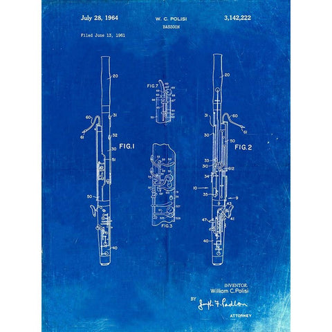 PP392-Faded Blueprint Bassoon Patent Poster White Modern Wood Framed Art Print by Borders, Cole