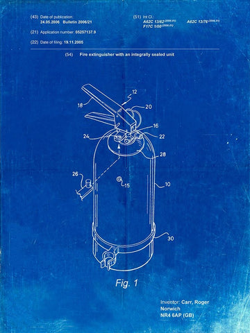 PP396-Faded Blueprint Modern Fire Extinguisher Patent Poster Black Ornate Wood Framed Art Print with Double Matting by Borders, Cole