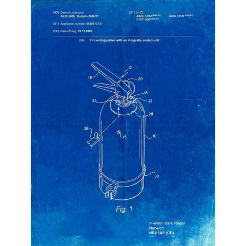 PP396-Faded Blueprint Modern Fire Extinguisher Patent Poster White Modern Wood Framed Art Print by Borders, Cole