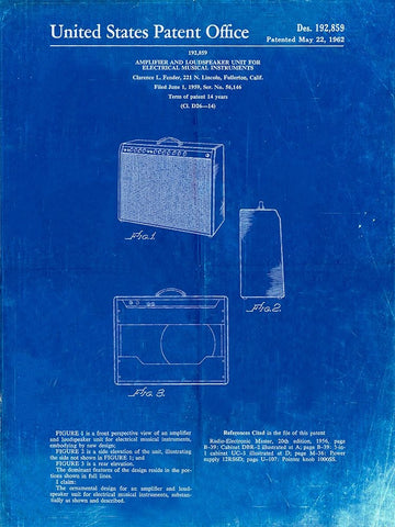 PP405-Faded Blueprint Fender 1962 Pro Amp Patent Poster White Modern Wood Framed Art Print with Double Matting by Borders, Cole