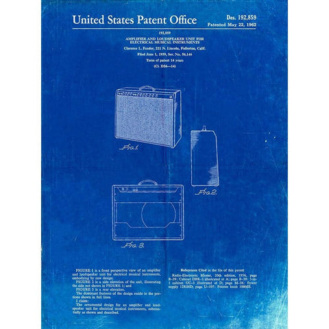 PP405-Faded Blueprint Fender 1962 Pro Amp Patent Poster White Modern Wood Framed Art Print by Borders, Cole