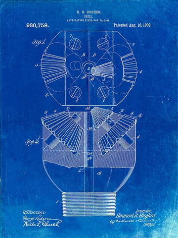 PP410-Faded Blueprint Howard Hughes Oil Drill Patent Poster White Modern Wood Framed Art Print with Double Matting by Borders, Cole