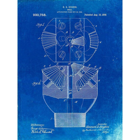 PP410-Faded Blueprint Howard Hughes Oil Drill Patent Poster White Modern Wood Framed Art Print by Borders, Cole