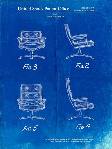 PP421-Faded Blueprint Eames Upholstered Chair Patent Poster White Modern Wood Framed Art Print with Double Matting by Borders, Cole