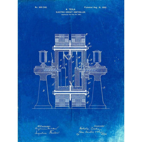 PP423-Faded Blueprint Tesla Electric Circuit Controller Poster Gold Ornate Wood Framed Art Print with Double Matting by Borders, Cole