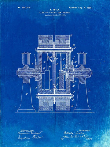 PP423-Faded Blueprint Tesla Electric Circuit Controller Poster White Modern Wood Framed Art Print with Double Matting by Borders, Cole